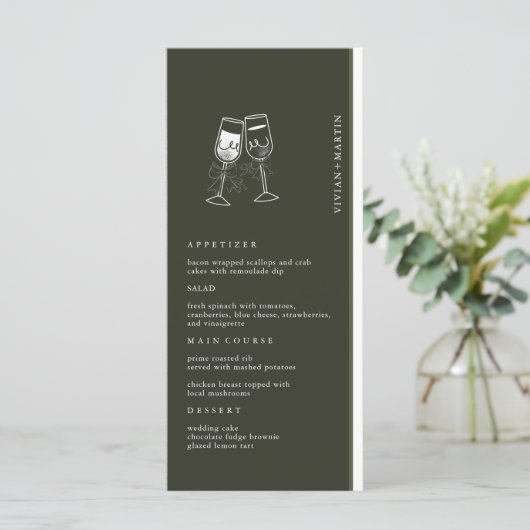 Elegante Olijfhout Groene bruiloft Menu (Staand voorkant)