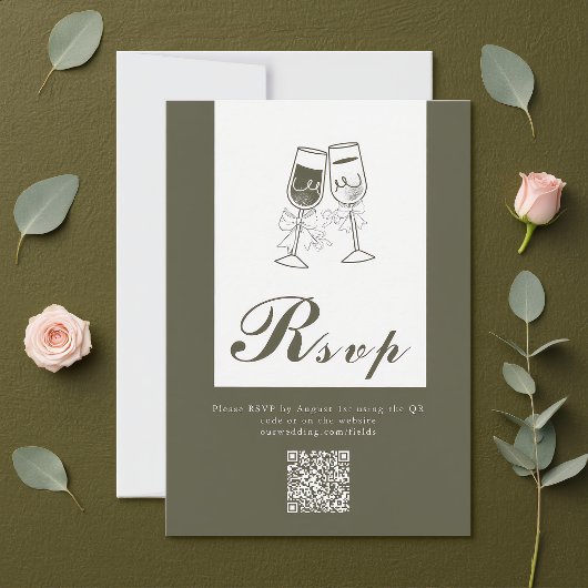 Elegante olijfhouten groene QR-code bruiloft RSVP Kaartje