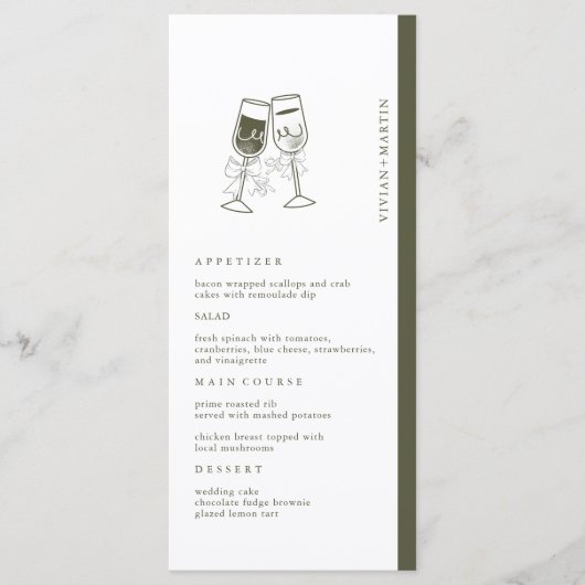 Elegante olijfhouten groene trouw menu (Voorkant)