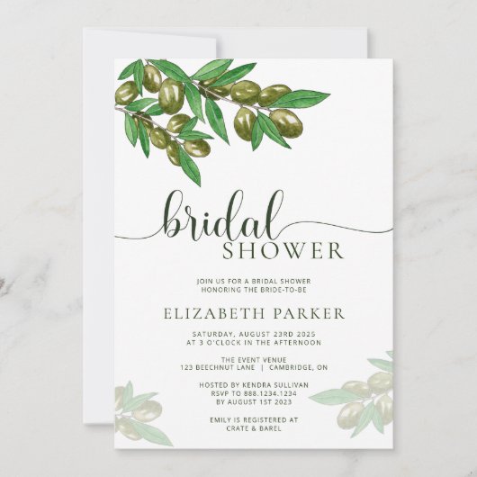 Elegante olijftak bruidsdouche uitnodiging (Voorkant)