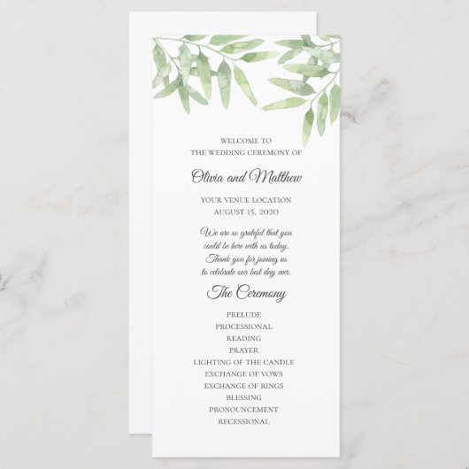 Elegante olijftak. Eenvoudig trouwprogramma Menu (Voorkant / Achterkant)