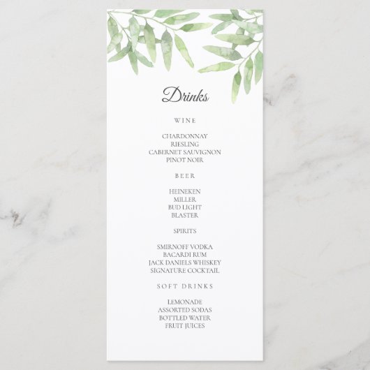 Elegante olijftak. Eenvoudige bruiloft Bar Menu (Voorkant)