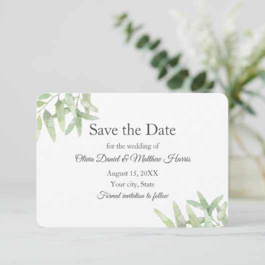 Elegante olijftak. Eenvoudige bruiloft Save the Da RSVP Kaartje (Staand voorkant)