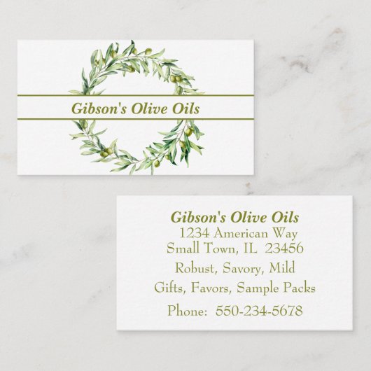Elegante olijftak krans olijfolie visitekaartje (Voorkant / Achterkant)