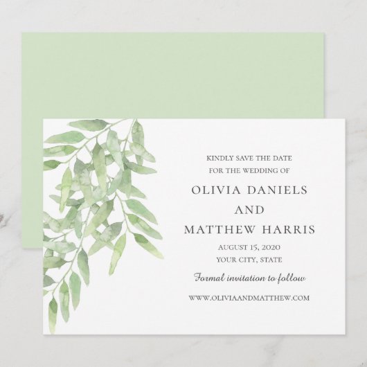 Elegante olijftakken. Botanisch eenvoudig huwelijk Save The Date (Voorkant / Achterkant)