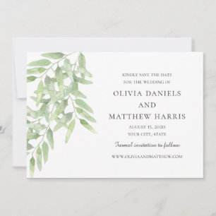 Elegante olijftakken. Botanische simpele bruiloft Save The Date
