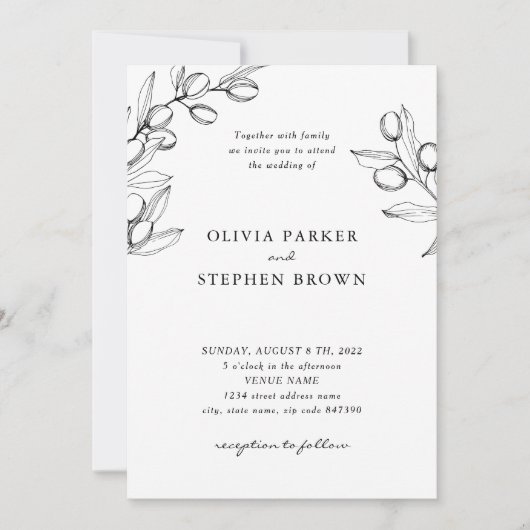 Elegante olijftakken. Eenvoudig zwart wit Bruiloft Kaart (Voorkant)