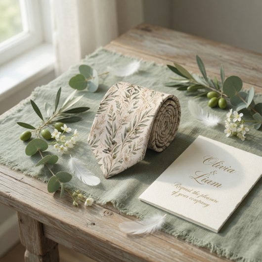 Elegante Olijftakken & Ivoor Bloemen Stropdas