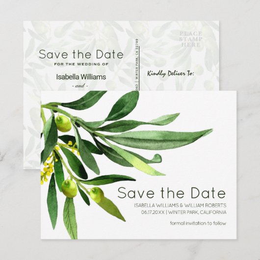 Elegante Olive Boho Garden Save the Date Bruiloft Aankondigingskaart (Voorkant / Achterkant)