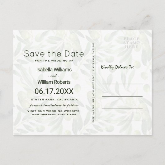 Elegante Olive Boho Garden Save the Date Bruiloft Aankondigingskaart (Achterkant)