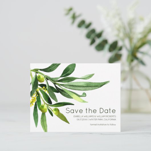 Elegante Olive Boho Garden Save the Date Bruiloft Aankondigingskaart (Staand voorkant)