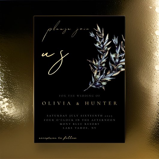 Elegante Olive Branch Zwart en Gouden Bruiloft Folie Uitnodiging