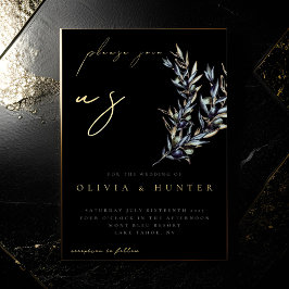 Elegante Olive Branch Zwart en Gouden Bruiloft Folie Uitnodiging