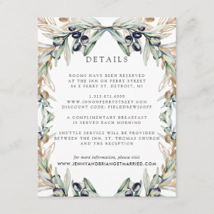 Elegante Olive Grove Boho Bruiloft Gast Details Informatiekaartje