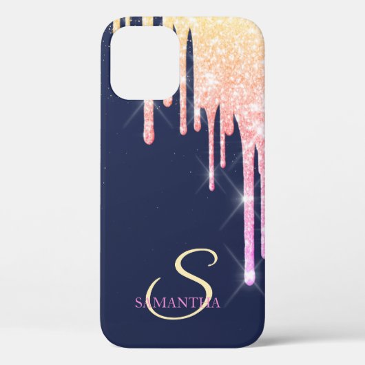 Elegante Ombre Glitter Drips, Marineblauw Case-Mate iPhone Case (Achterkant)