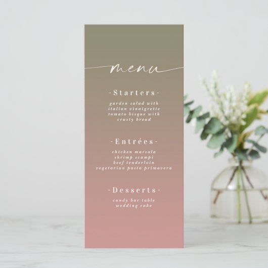 Elegante Ombre Lila Groen & Stof Roze Roze Trouwda Menu (Staand voorkant)