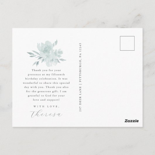 Elegante One Photo Quinceanera Blauw Bloemen Scrip Briefkaart (Achterkant)