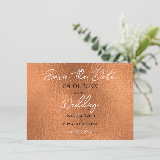Elegante onechte koperen metalen textuur bruiloft save the date (Staand voorkant)