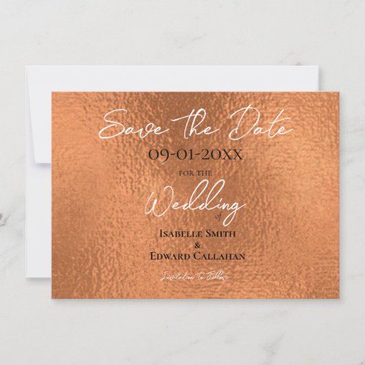 Elegante onechte koperen metalen textuur bruiloft save the date (Voorkant)