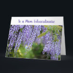 Elegante Oneindige Liefde Moeder Extraordinaire Mo Kaart<br><div class="desc">Een elegante en trendy grote wenskaart met een mooie, opvallende foto van lichtpaarse wisteria bloemen voor Moederdag of haar verjaardag of een andere gelegenheid. Voor een "Uitgebreide mama", een met bijna oneindig veel geduld, vriendelijkheid en begrip, en met een oneindige voorraad moederliefde. U kunt alle tekstvelden in deze kaart aanpassen,...</div>
