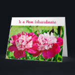 Elegante Ongelooflijke Moeder Extraordinaire Liefd Kaart<br><div class="desc">Leuke, elegante en trendy grote wenskaart met een mooie foto van twee roze-rode pioenrozen voor Moederdag of haar verjaardag of een andere gelegenheid. Voor een "Moeder Extraordinaire", een met bijna oneindig veel geduld, vriendelijkheid en begrip, en met een oneindige voorraad moederliefde. U kunt alle tekstvelden in deze kaart aanpassen, bijvoorbeeld...</div>