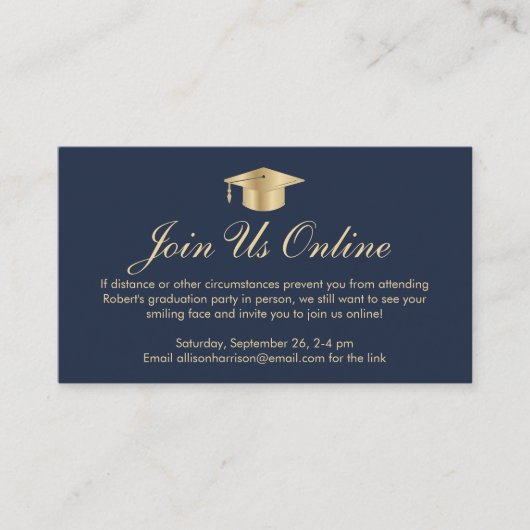 Elegante Online Optie Blauw Goud Afstudeerfeest Informatiekaartje (Voorkant)