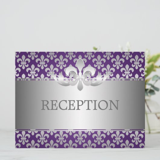 Elegante ontvangst Fleur De Lis Paars Kaart (Staand voorkant)