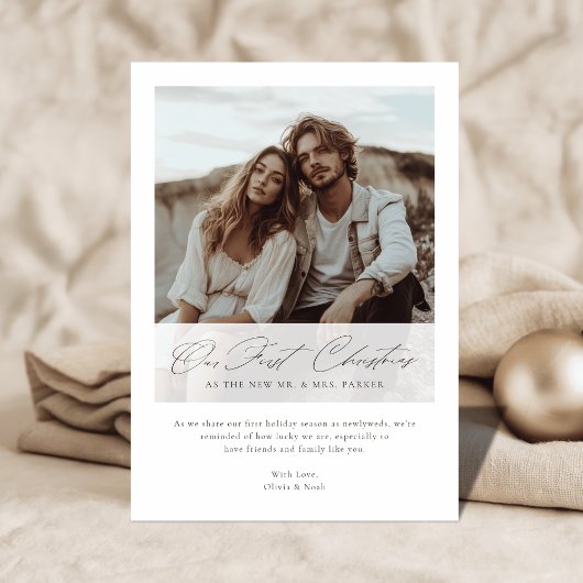 Elegante Onze Eerste Kerst Romantische Script Foto Feestdagenkaart