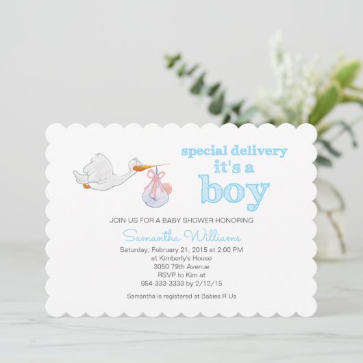 Elegante ooievaar met Baby BOY BABY SHOWER Kaart (Staand voorkant)
