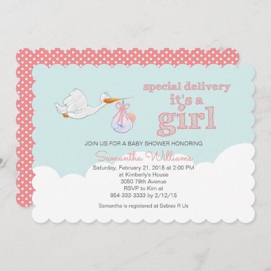 Elegante ooievaar met Baby CLOUD MEISJE BABY SHOWE Kaart (Voorkant / Achterkant)