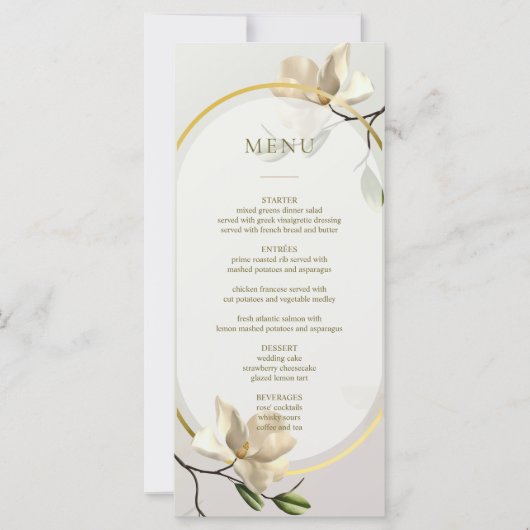 Elegante Oosterse Magnolia Trouwtafel Menu Kaart (Voorkant)