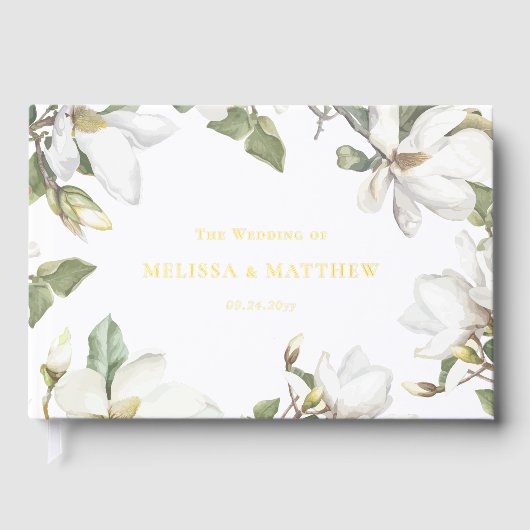 Elegante oosterse witte magnolia bruiloft gastenboek (Voorkant)