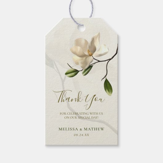 Elegante oosterse witte magnolia bruiloft gunst cadeaulabel (Voorkant)