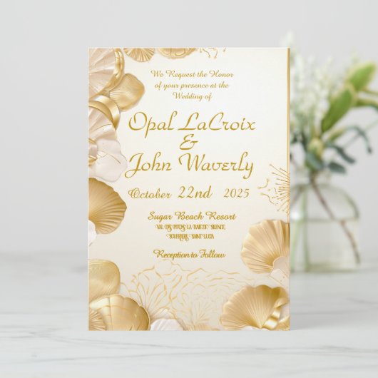 Elegante Opaal en Goud Zeeschelp bruiloft uitnodig Kaart (Staand voorkant)