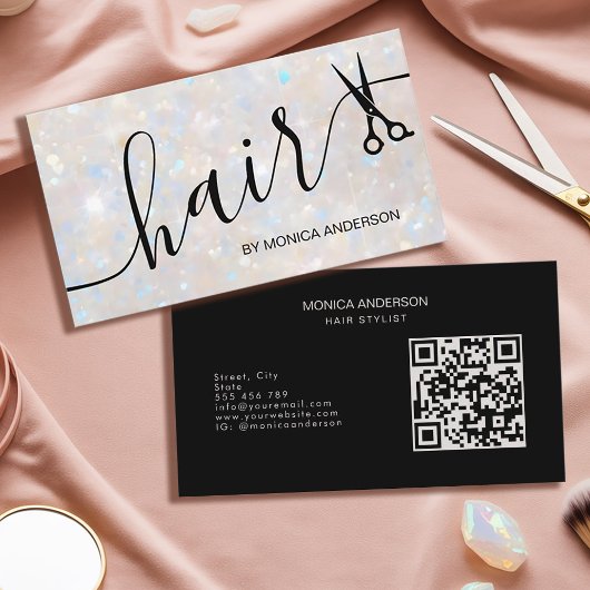 Elegante Opal Glitter Haar Script Schaar QR Code Visitekaartje
