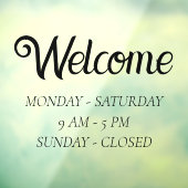 Elegante openingstijden | Tijdstip zwart script op Raamsticker (Vel 3)