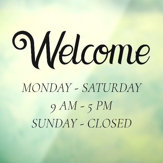 Elegante openingstijden | Tijdstip zwart script op Raamsticker (Vel 3)