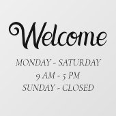 Elegante openingstijden | Tijdstip zwart script op Raamsticker (Vel)