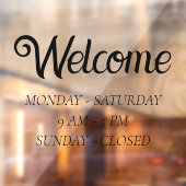 Elegante openingstijden | Tijdstip zwart script op Raamsticker (Vel 2)