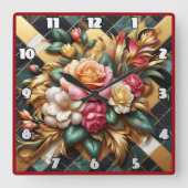 Elegante opstelling van kleurrijke Rozen en geblad Vierkante Klok (Voorkant)