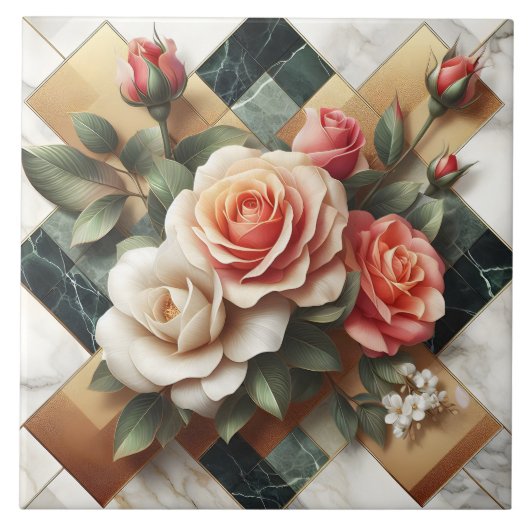 Elegante opstelling van kleurrijke Rozen op marmer Tegeltje (Voorkant)