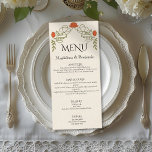 Elegante Oranje Art Nouveau Bloemenbruiloft Menu<br><div class="desc">Romantisch design met een Art Nouveau floraal lijst,  in de kleuren van zonsondergang sinaasappel met gedempte greens op de achtergrond van  papier. Elegante,  verfijnde  lettertypen maken de tijdloze en stijlvolle look compleet.</div>