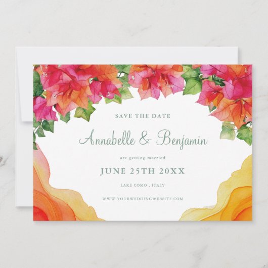 Elegante Oranje Bloemen Bougainville Fotobruiloft Save The Date (Voorkant)