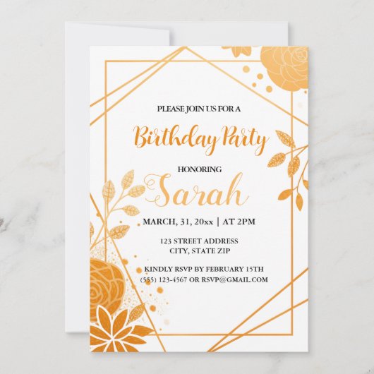 Elegante oranje bloemen en geometrische gouden ver kaart (Voorkant)