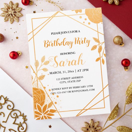 Elegante oranje bloemen en geometrische gouden ver kaart