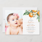 Elegante Oranje Bloemen Foto Doop Kaart (Voorkant)