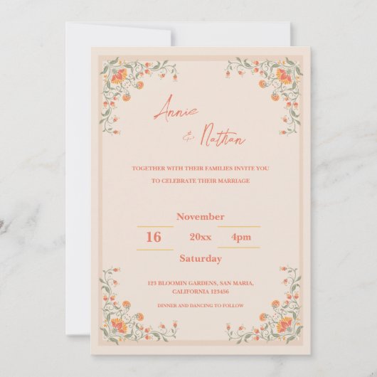 Elegante Oranje Bloemen Lijst bruiloft uitnodiging (Voorkant)