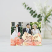 Elegante oranje bloemenbruiloft foto dank u briefkaart (Staand voorkant)