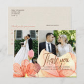 Elegante oranje bloemenbruiloft foto dank u briefkaart (Voorkant / Achterkant)