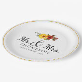 Elegante Oranje bloemenmeneer Mrs Wedding Party Papieren Bordje (Gekanteld)